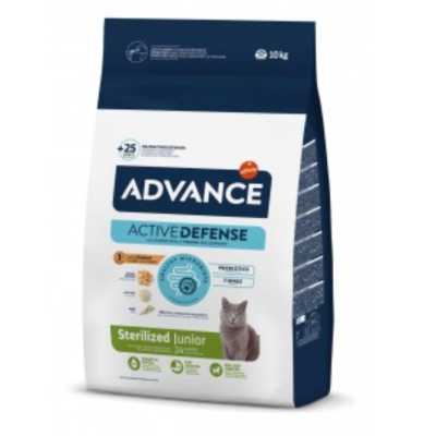 Saco de ração para gatos Advance Active Defense Sterilized Junior de 10 kg com imagem de gato