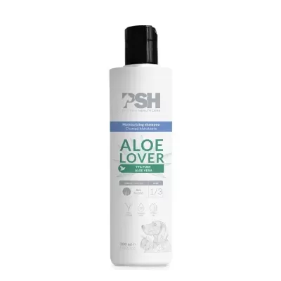 Frasco branco de shampoo hidratante para animais com aloe vera e imagens de cão e gato