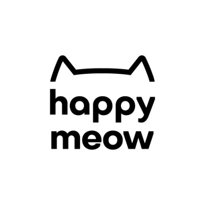 Logotipo preto 'happy meow' com orelhas de gato num fundo branco