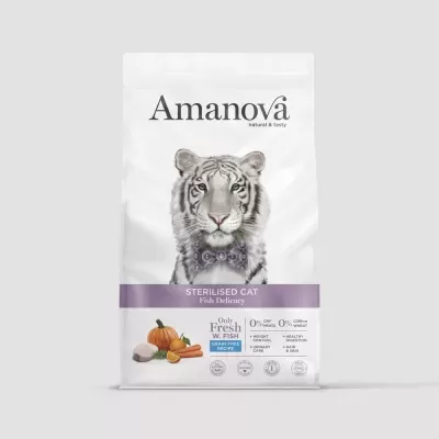 Saco branco de ração Amanova para gato esterilizado com tigre e faixa roxa