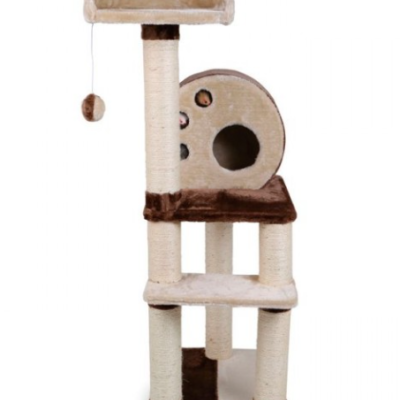 Arranhador para gatos com pelúcia bege e castanha e postes de sisal brancos