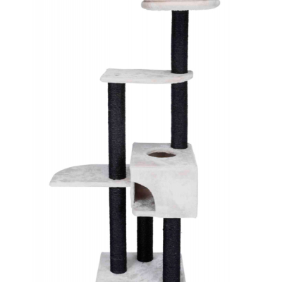 Arranhador para gato branco com postes pretos e casa integrada