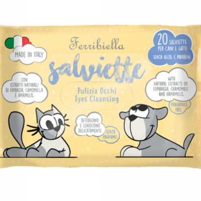 Pacote amarelo de toalhitas para cães e gatos com ilustrações de um gato e um cão