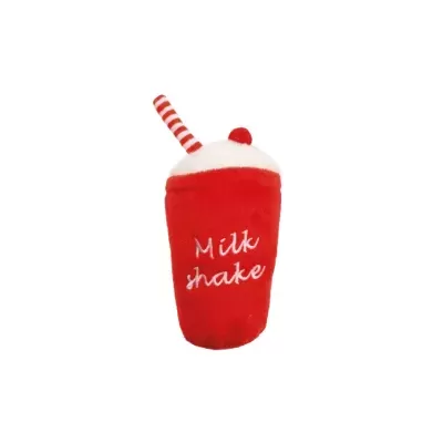 Brinquedo de peluche em forma de milkshake vermelho com topo branco e canudo às riscas