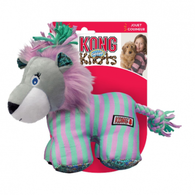Brinquedo para cães em forma de leão com riscas verdes e roxas e crina rosa