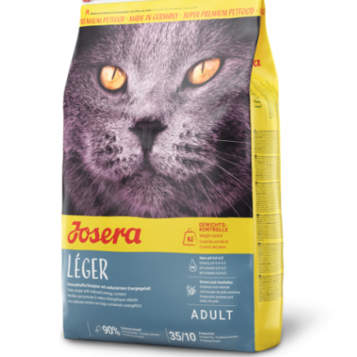Ração para gatos Josera LÉGER adulto embalagem amarela e azul com imagem de gato cinzento