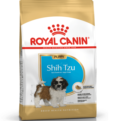 Embalagem doura e branca de ração Royal Canin Puppy para Shih Tzu com imagem do cão