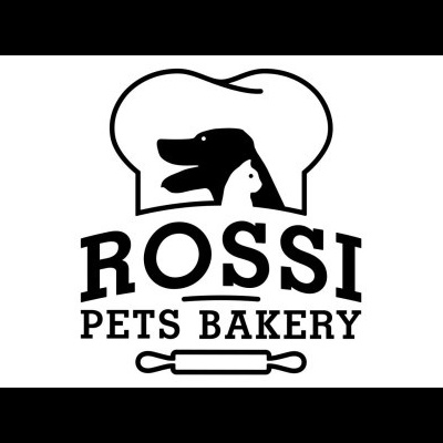 Logótipo preto e branco com cão e gato dentro de chapéu de cozinheiro e texto Rossi Pets Bakery.