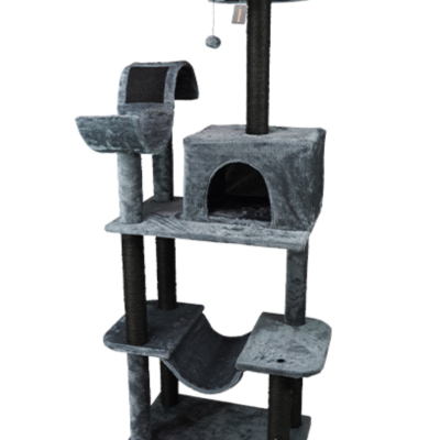 Arranhador para gatos cinzento com postes em sisal e múltiplas plataformas