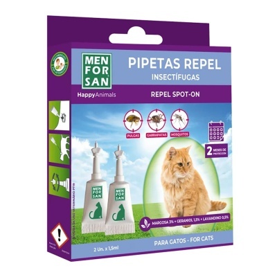 Caixa de pipetas repelentes para gatos MEN FOR SAN com imagem de um gato e dois tubos de aplicação