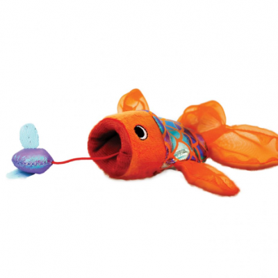 Brinquedo para gato em forma de peixe colorido com bola roxa