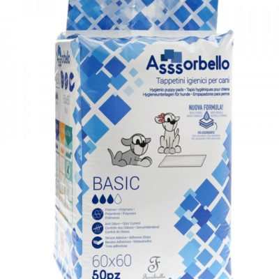 Pacote azul e branco de tapetes higiénicos para cães Asssorbello Basic com 50 unidades