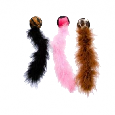 Três brinquedos para gatos com bolas pintadas e penas longas coloridas