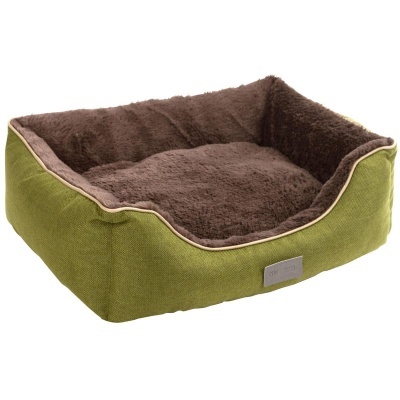 Cama para animais de estimação verde e castanha com interior macio.
