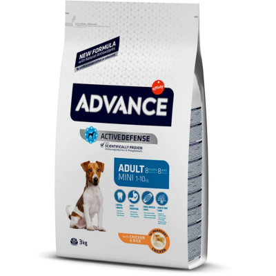 Saco de ração Advance Adult Mini para cães pequenos, 3kg, com galinha e arroz.