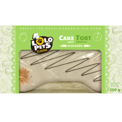 Produto em formato de osso para cães numa embalagem verde clara com texto e desenho de maçãs