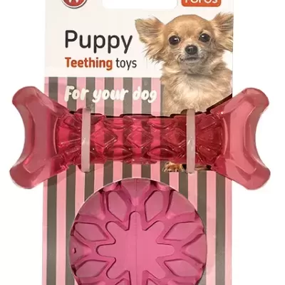 Brinquedo de dentição para cachorro osso vermelho e bola rosa em embalagem com foto de cão pequeno