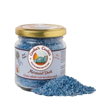 Frasco de vidro com pó azul e rótulo Cookas Cookies