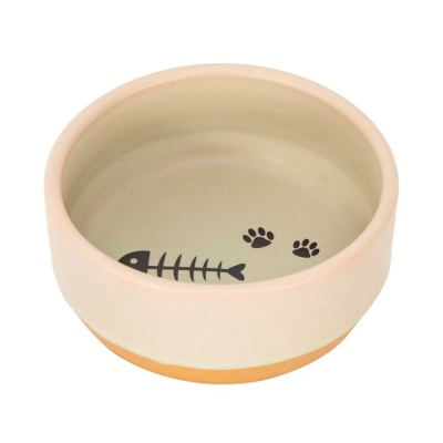 Tigela de cerâmica bege com base laranja e design de esqueleto de peixe e pegadas pretas no interior