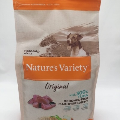 Saco de ração para cães Nature's Variety Original, para cães adultos mini 1 a 10 kg, com atum e peixe desossado.