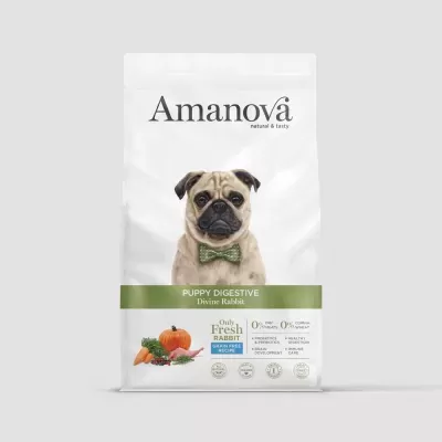 Saco branco ração para cachorros Amanova com pug e texto Puppy Digestive Divine Rabbit