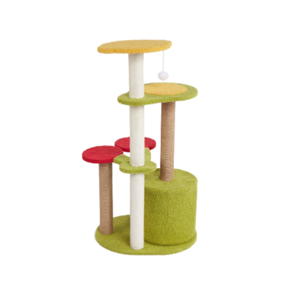 Arranhador para gatos colorido com vários níveis e uma bola pendurada