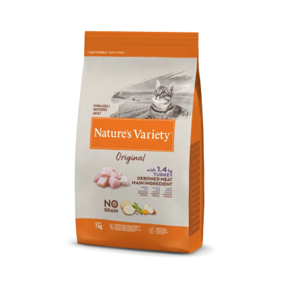 Saco de ração para gatos Nature's Variety Original, com imagem de gato e pedaços de carne