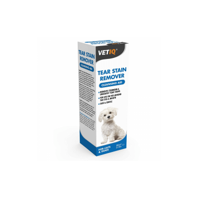 Embalagem VetIQ Tear Stain Remover para gatos e cães com cachorro branco