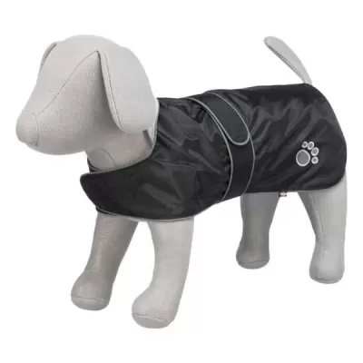 Capa impermeável preta para cão com detalhe de pata cinza