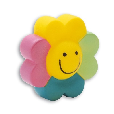 Borrachinha apaga em forma de flor colorida com rosto sorridente.