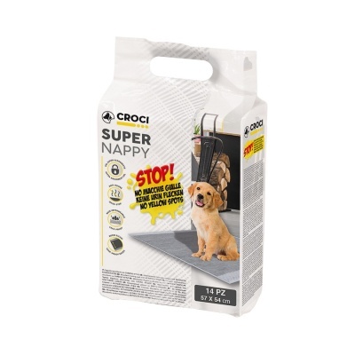 Pacote branco de almofadas absorventes para cães Croci Super Nappy com cão e texto no pacote