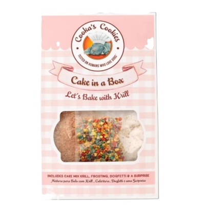 Embalagem rosa para mistura de bolo para cães com confetis coloridos visíveis