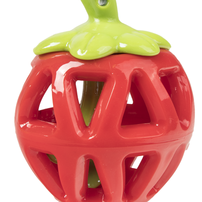 Objeto cerâmico em forma de morango vermelho com folhas verdes no topo