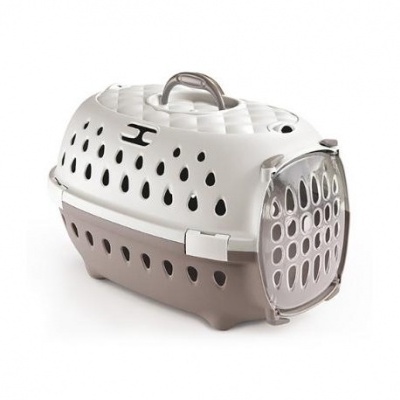 Transportadora de animais de plástico branca e bege com porta frontal transparente