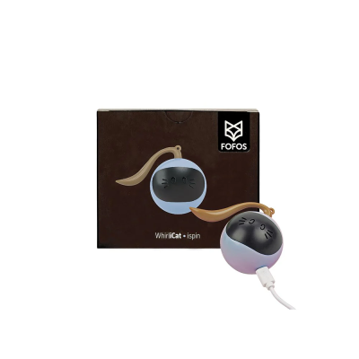 Produto eletrônico em formato de gato com cabo USB junto à embalagem preta com logo FOFOS