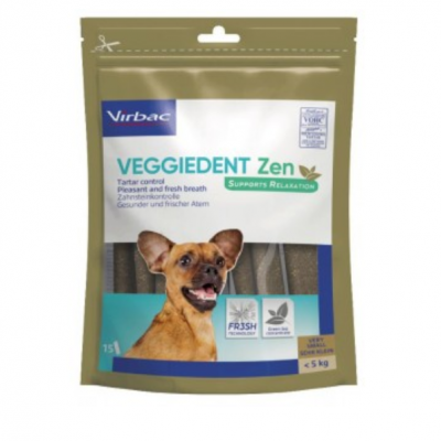 Embalagem de snacks dentários para cães Virbac VEGGIEDENT Zen, castanha e azul, com imagem de cão