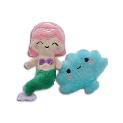 Peluches de sereia rosa e concha azul com carinhas sorridentes