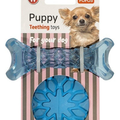 Brinquedo para cachorro azul translúcido em embalagem com foto de cão