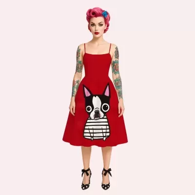 Vestido vermelho com estampa de cão preto e branco e alças finas