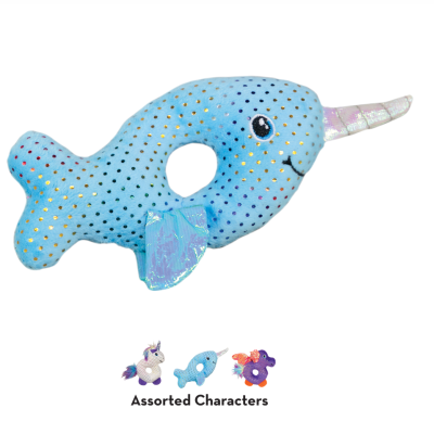 Peluche narval azul claro com pontos dourados e chifre prateado