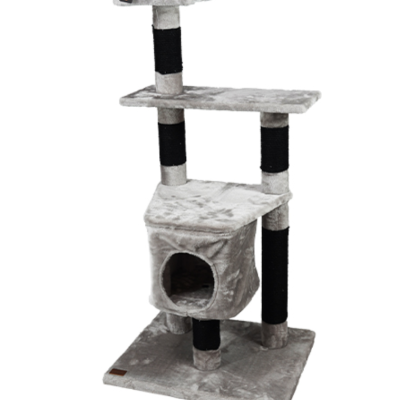 Arranhador cinzento para gatos com cubículo e plataformas