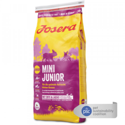 Saco de ração Josera Mini Junior para cães, amarelo e roxo.