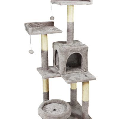 Arranhador para gatos cinzento com várias plataformas e bolas pendentes