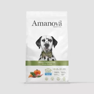 Saco de ração para cães Amanova com dálmata e texto informativo