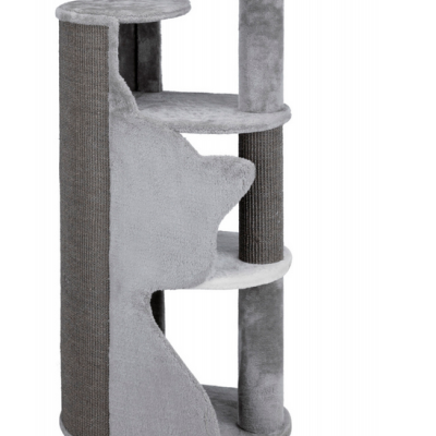 Arranhador para gatos cinza e branco com múltiplos níveis