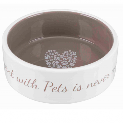 Tigela para animais de cerâmica branca com decoração de pegadas em coração