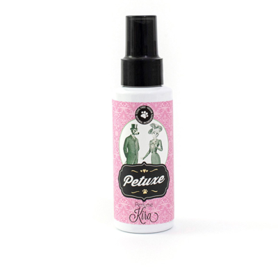Frasco de spray Petuxe com rótulo rosa e ilustração vintage