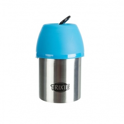 Recipiente para alimentação de animais com tampa azul e corpo em aço inoxidável