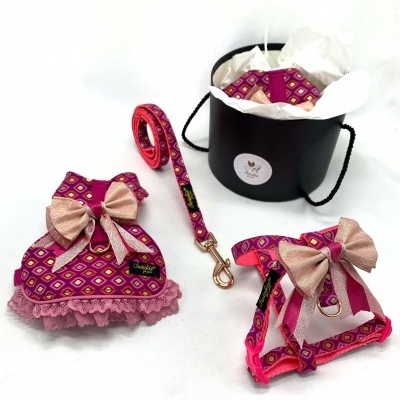 Conjunto de coleira, peitoral e trela para cães em tecido rosa com padrão geométrico e laços, ao lado de uma caixa preta com etiqueta.