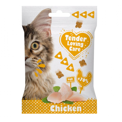 Embalagem de petisco para gatos, branco e amarelo, com imagem de gato e ingredientes de frango.